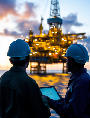 two-oil-rig-workers-offshore-platform-sunset two-oil-rig-workers-offshore-platform-sunset